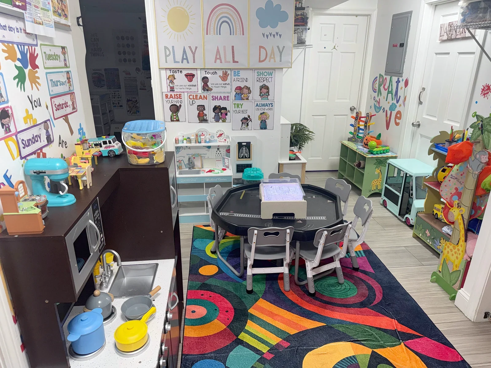 Playroom overview inside Sofia’s Home Daycare