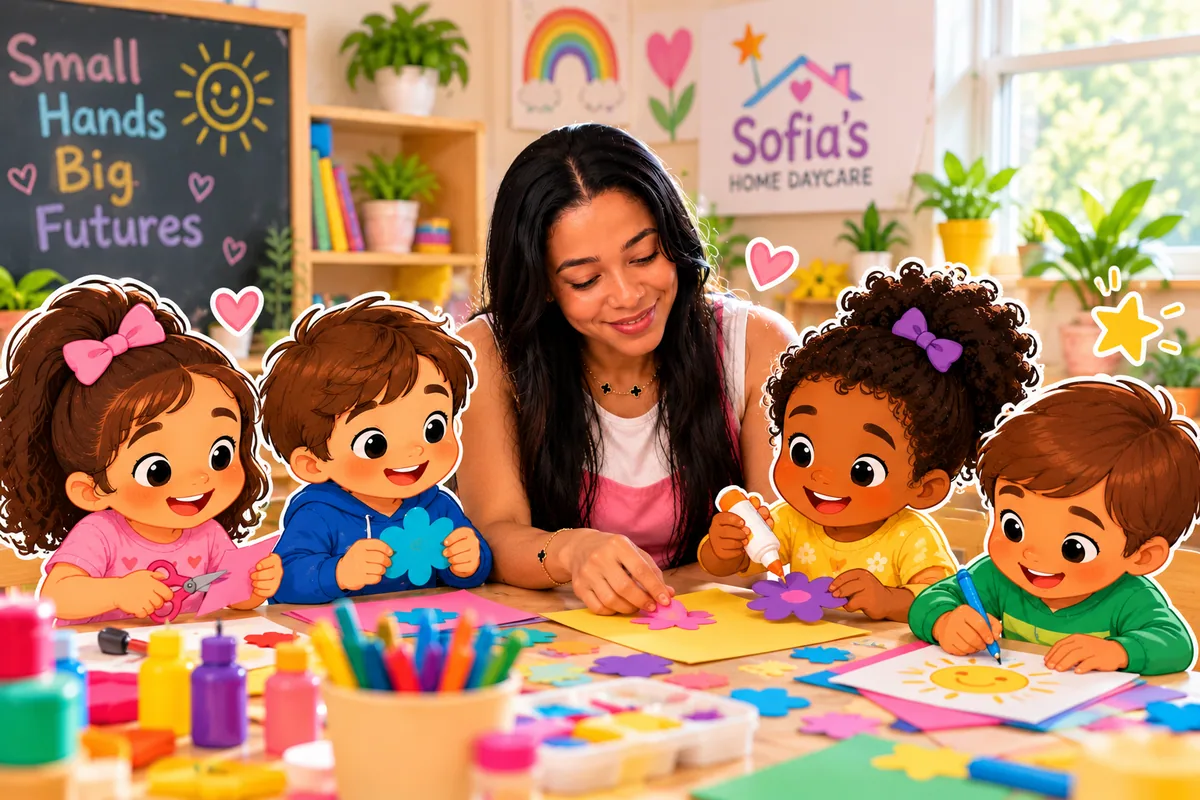 Imagem promocional de Maria em uma atividade educativa com crianças ilustradas
