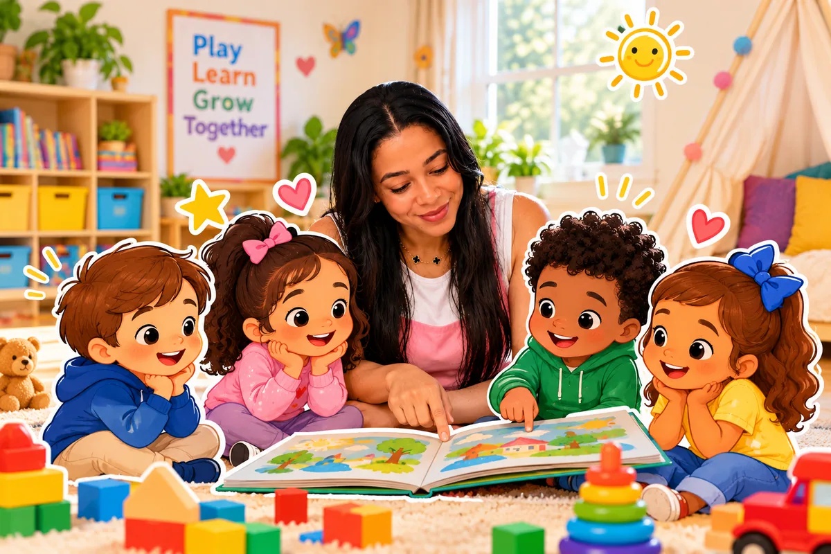 Cena promocional de leitura com Maria e crianças ilustradas em uma sala de aula