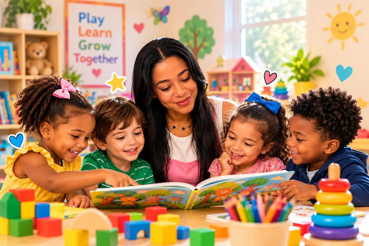 Imagem promocional de Maria lendo com crianças em uma sala de aula